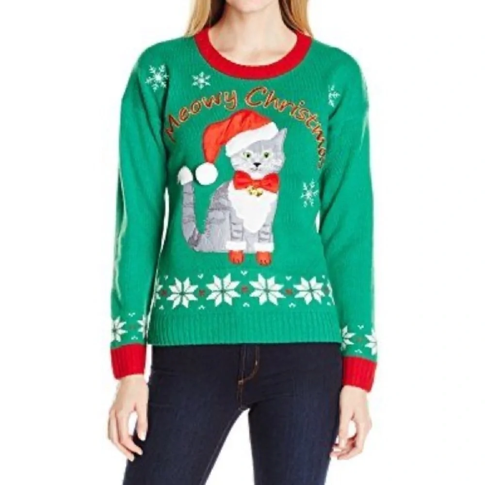 Meowy Christmas Kitty with Bells Ugly Christmas Sweater Sz XL